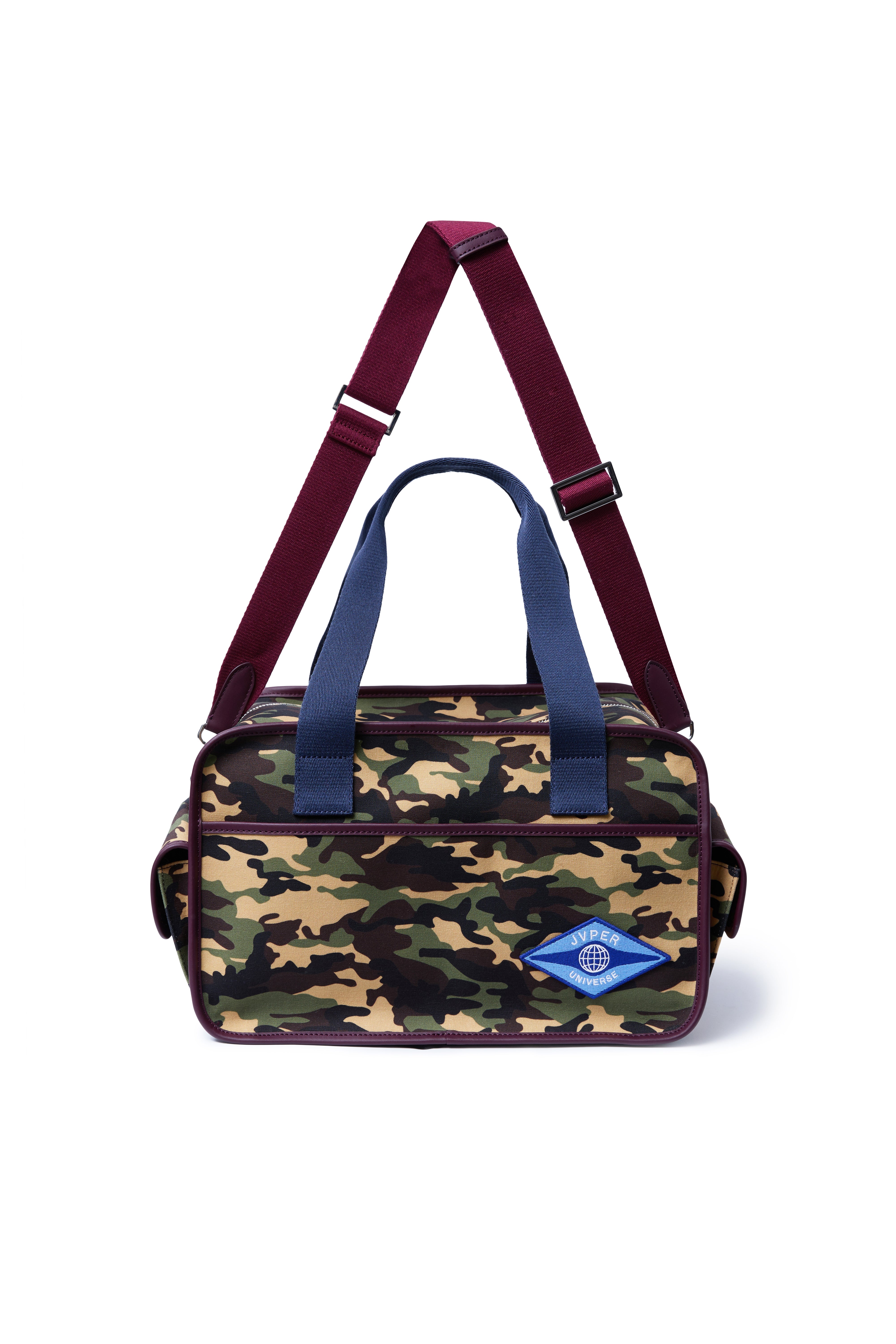 클래식 카모 캔버스 박스백 – 네이비 & 버건디 웨빙
