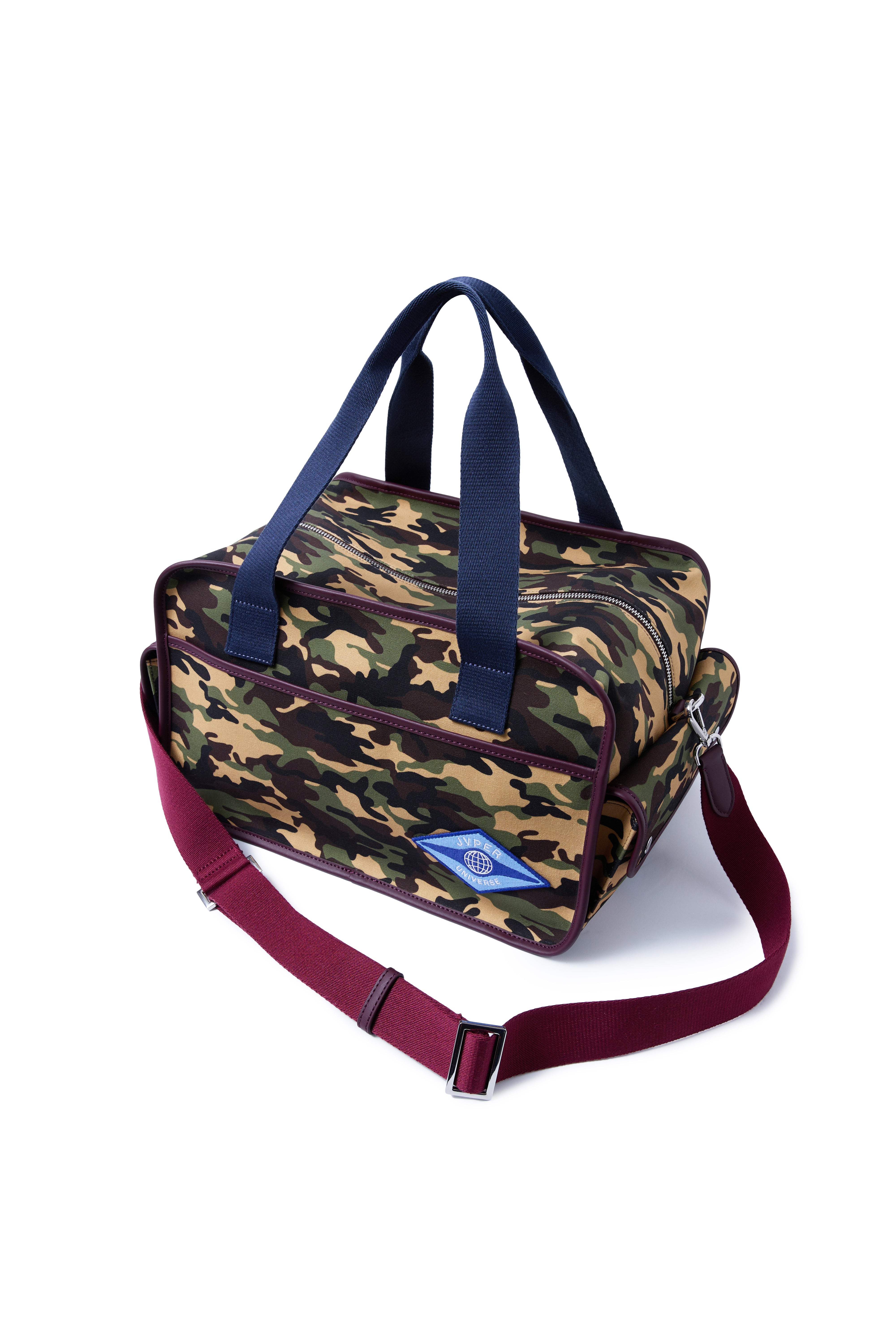 클래식 카모 캔버스 박스백 – 네이비 & 버건디 웨빙