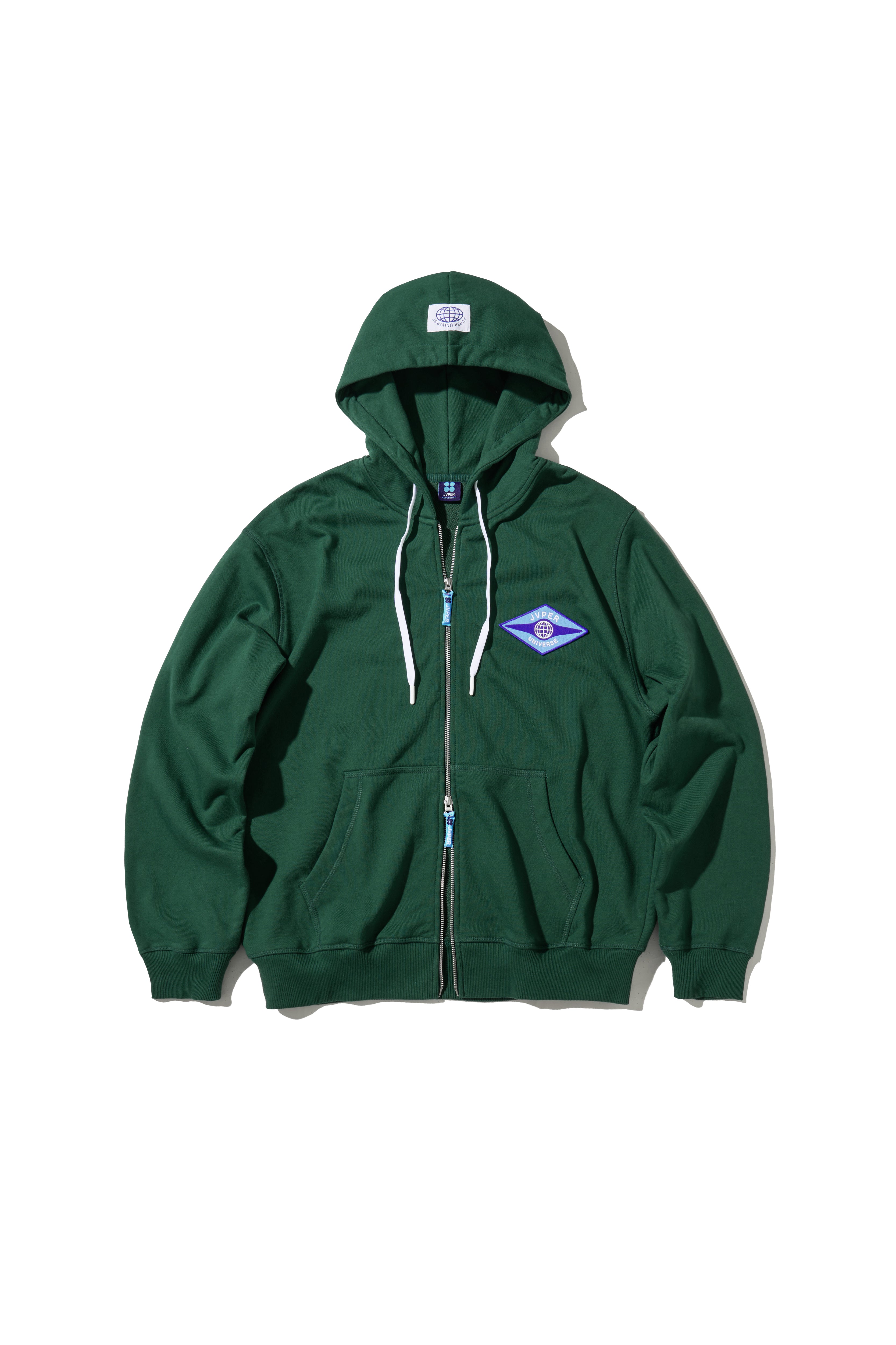 유니버스 다이아몬드 엠블럼 자수 패치 집업 후디 – 그린