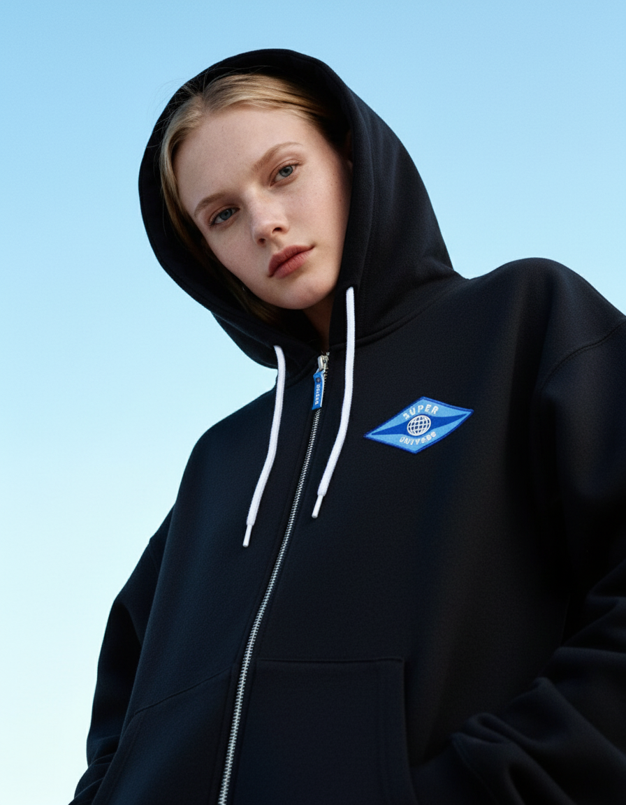 유니버스 다이아몬드 엠블럼 자수 패치 집업 후디 – 블랙