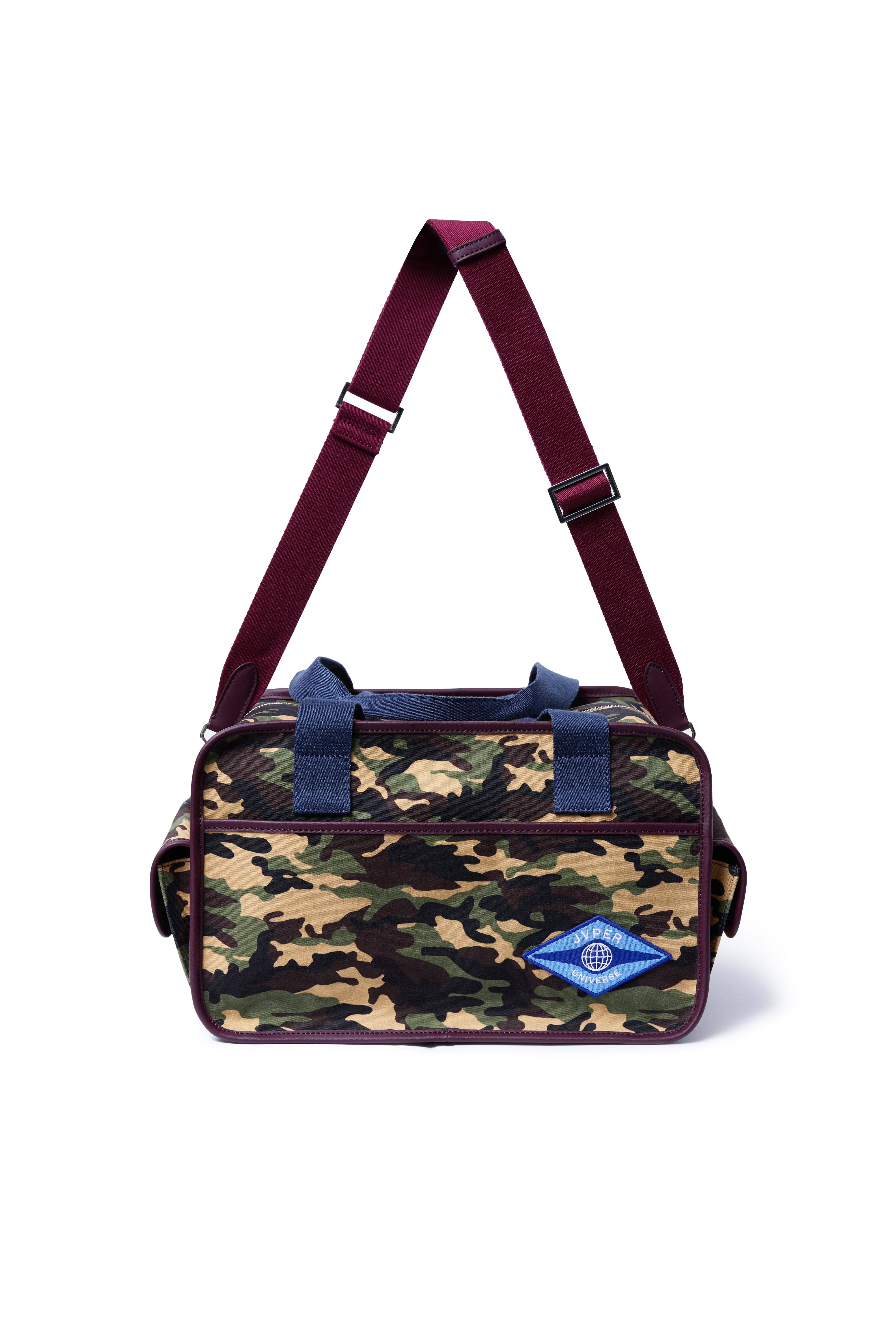 클래식 카모 캔버스 박스백 – 네이비 & 버건디 웨빙