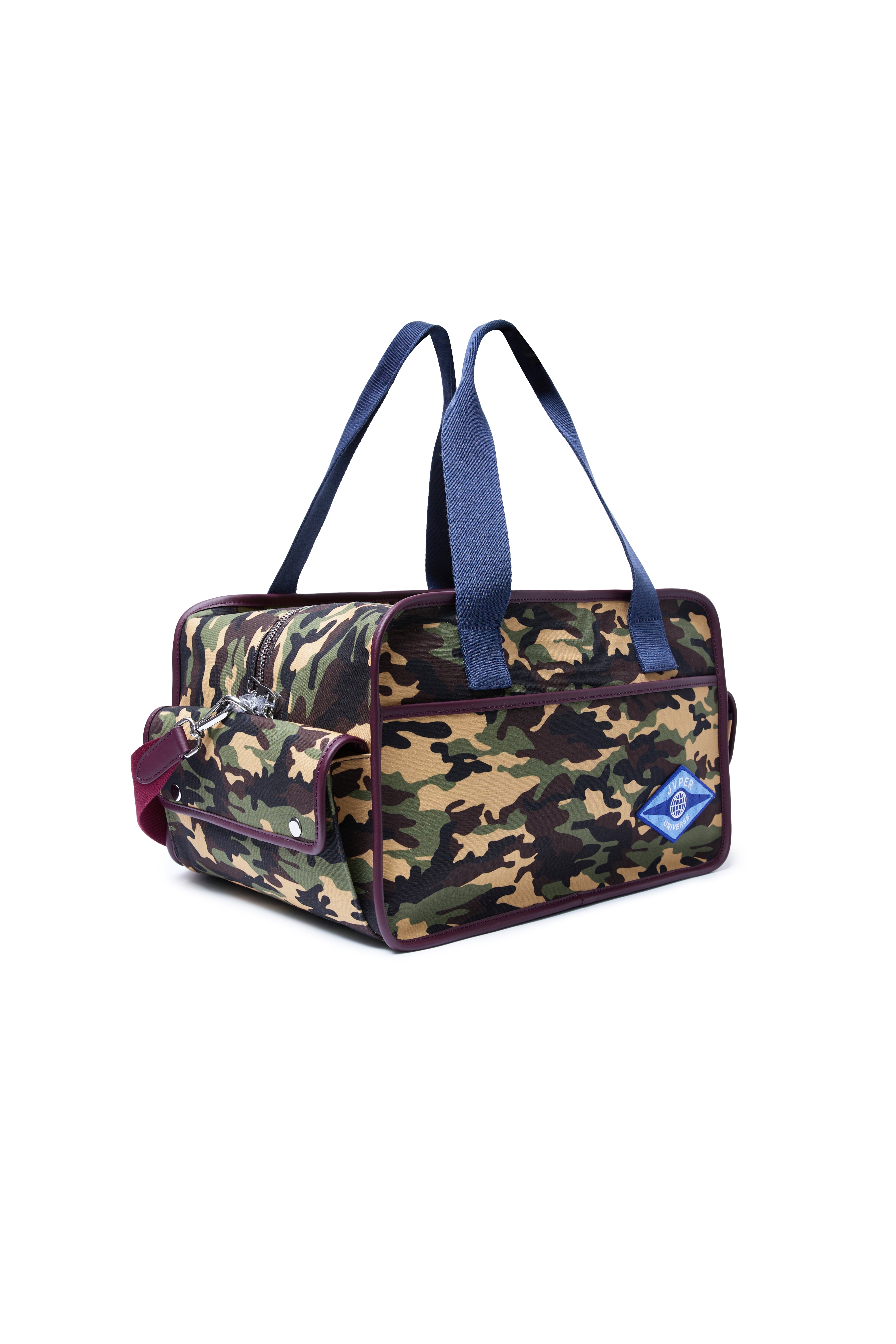 클래식 카모 캔버스 박스백 – 네이비 & 버건디 웨빙