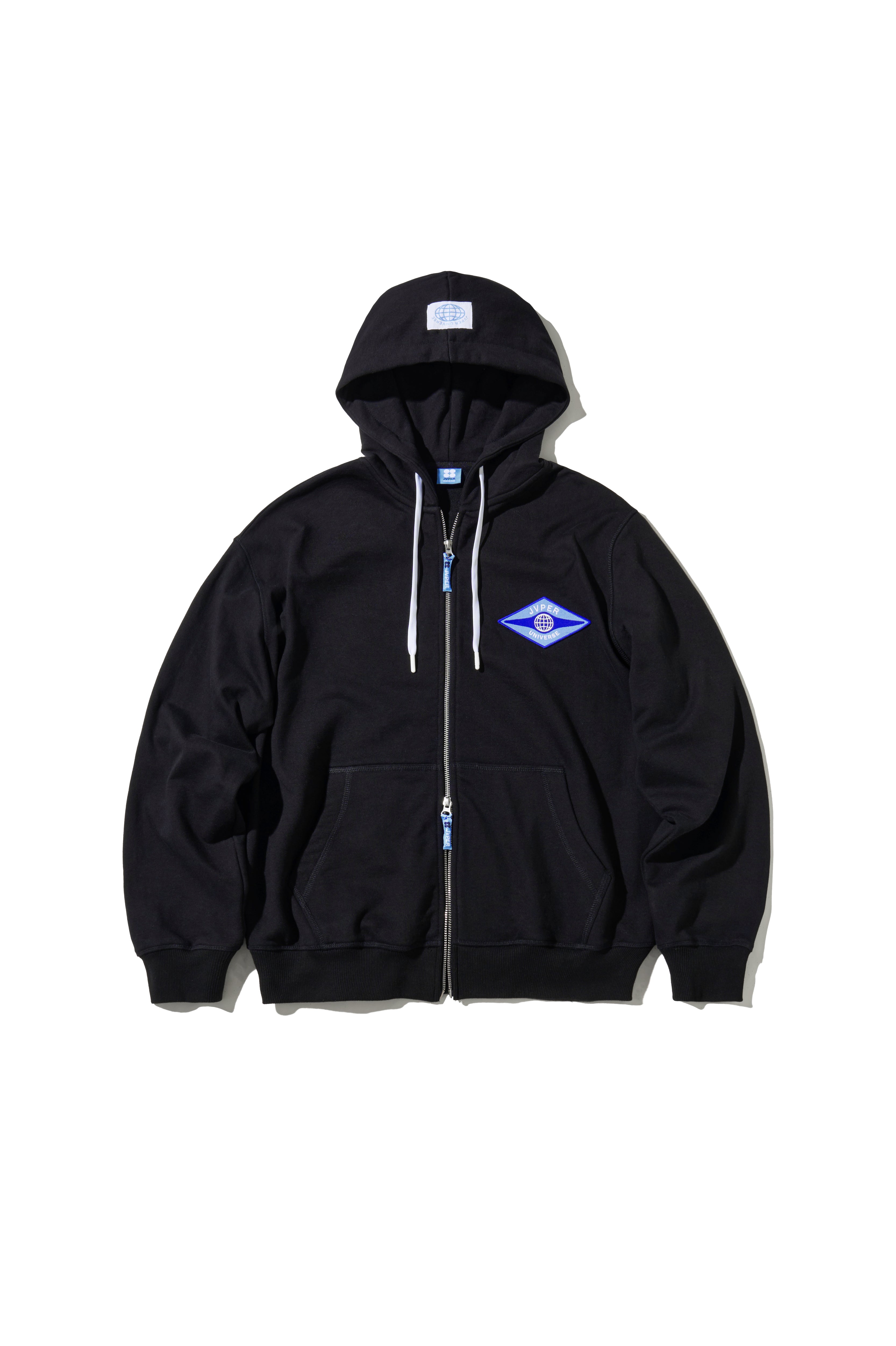 유니버스 다이아몬드 엠블럼 자수 패치 집업 후디 – 블랙